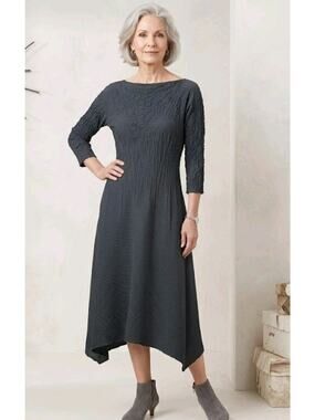 Babette SF Dark Gray-Brown Poly Crinkle Pleat 3/4 Sleeve Midi Dress Size Small